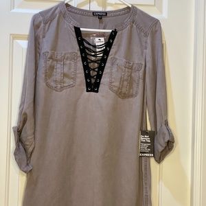 Express Soft Twill Lace-Up Popover Tunic Dress - Small